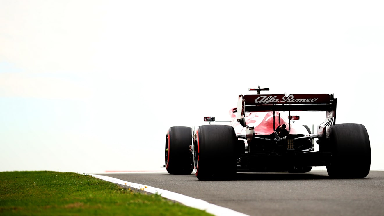 NORTHAMPTON, ENGLAND - AUGUST 07: Kimi Raikkonen of Finland driving the (7) Alfa Romeo Racing C39 Ferrari leaves the pit lane during practice for the F1 70th Anniversary Grand Prix at Silverstone on August 07, 2020 in Northampton, England. (Photo by Bryn Lennon/Getty Images)