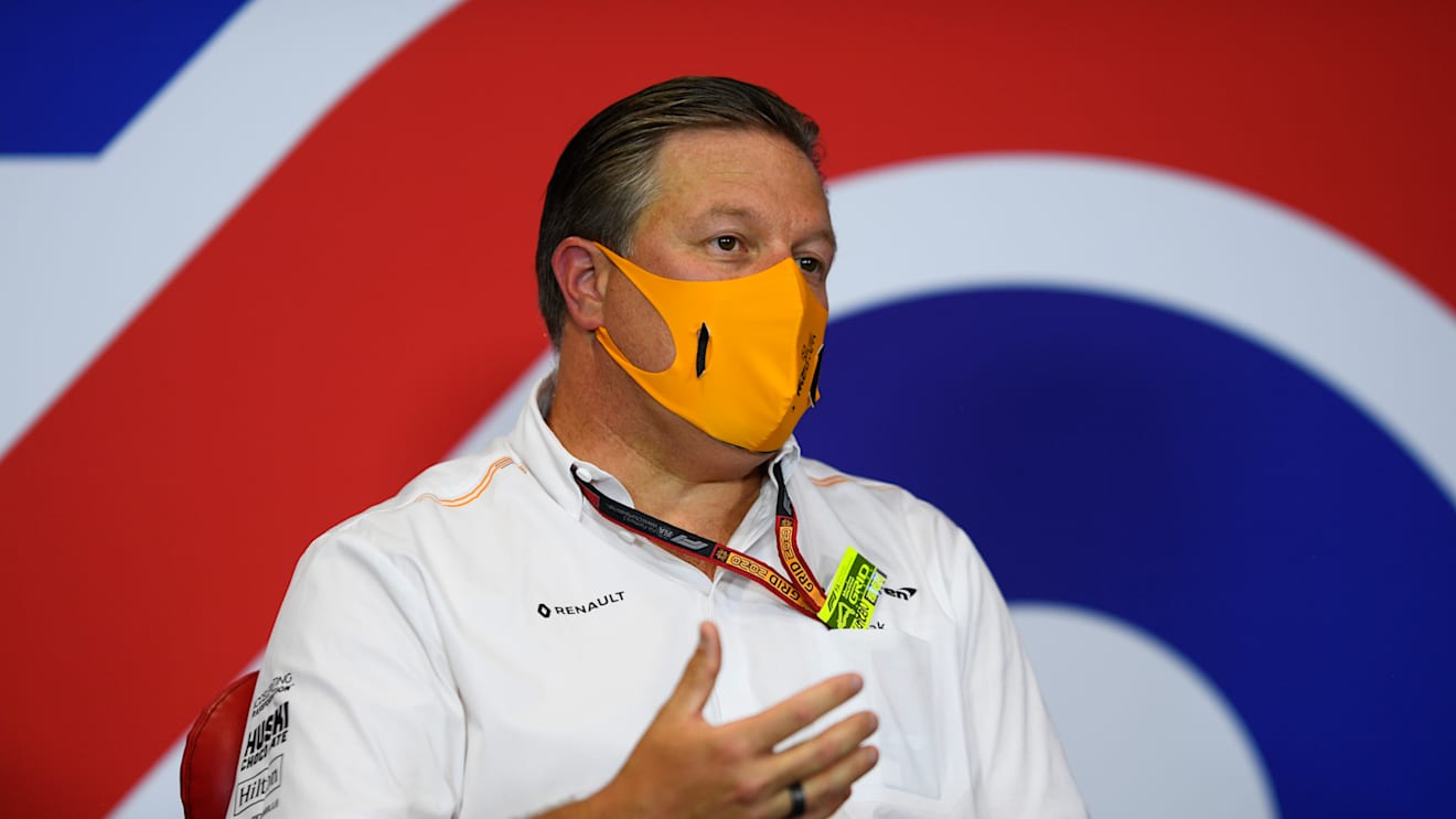 NORTHAMPTON, ENGLAND - AUGUST 07: McLaren Chief Executive Officer Zak Brown talks in the Team Principals Press Conference during practice for the F1 70th Anniversary Grand Prix at Silverstone on August 07, 2020 in Northampton, England. (Photo by Rudy Carezzevoli/Getty Images)