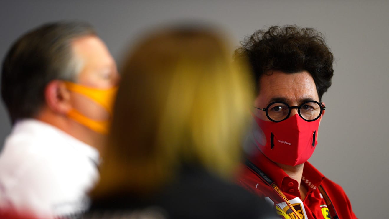 NORTHAMPTON, ENGLAND - AUGUST 07: Scuderia Ferrari Team Principal Mattia Binotto looks on in the Team Principals Press Conference during practice for the F1 70th Anniversary Grand Prix at Silverstone on August 07, 2020 in Northampton, England. (Photo by Rudy Carezzevoli/Getty Images)