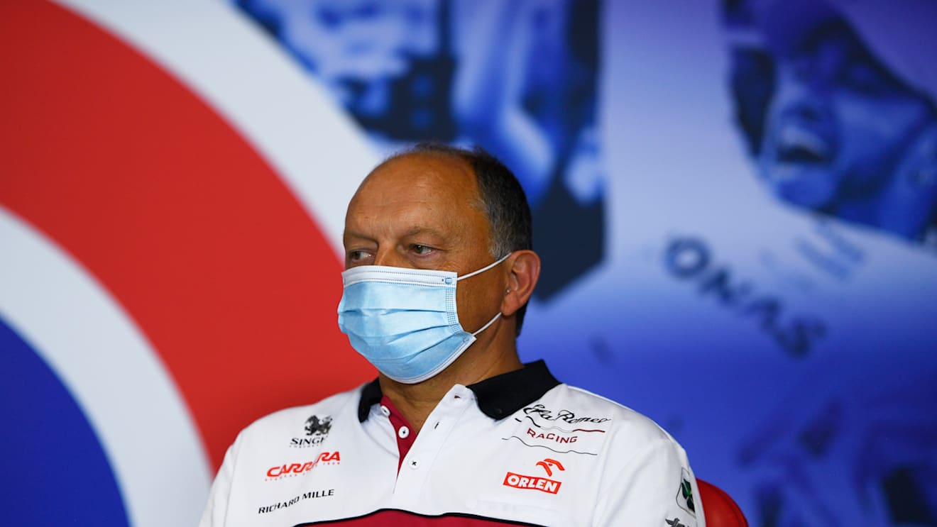 NORTHAMPTON, ENGLAND - AUGUST 07: Alfa Romeo Racing Team Principal Frederic Vasseur talks in the Team Principals Press Conference during practice for the F1 70th Anniversary Grand Prix at Silverstone on August 07, 2020 in Northampton, England. (Photo by Rudy Carezzevoli/Getty Images)