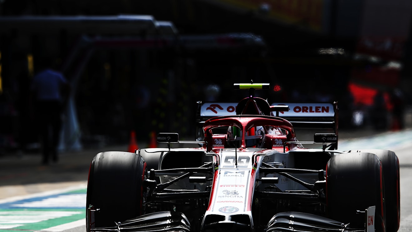 NORTHAMPTON, ENGLAND - AUGUST 08: Antonio Giovinazzi of Italy driving the (99) Alfa Romeo Racing C39 Ferrari in the Pitlane during qualifying for the F1 70th Anniversary Grand Prix at Silverstone on August 08, 2020 in Northampton, England. (Photo by Mark Thompson/Getty Images)