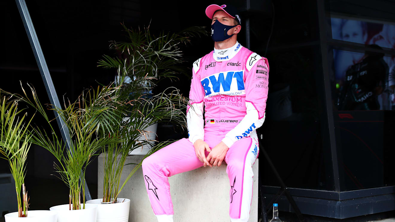 NORTHAMPTON, ENGLAND - AUGUST 08: Third placed qualifier Nico Hulkenberg of Germany and Racing Point looks on in parc ferme during qualifying for the F1 70th Anniversary Grand Prix at Silverstone on August 08, 2020 in Northampton, England. (Photo by Dan Istitene - Formula 1/Formula 1 via Getty Images)