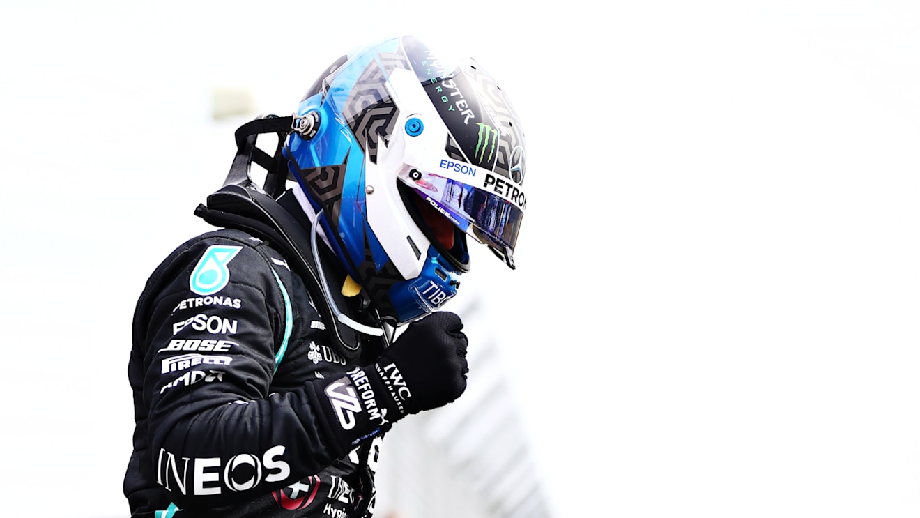 NORTHAMPTON, ENGLAND - AUGUST 08: Pole position qualifier Valtteri Bottas of Finland and Mercedes GP celebrates in parc ferme during qualifying for the F1 70th Anniversary Grand Prix at Silverstone on August 08, 2020 in Northampton, England. (Photo by Dan Istitene - Formula 1/Formula 1 via Getty Images)