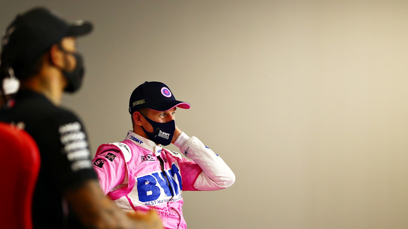 NORTHAMPTON, ENGLAND - AUGUST 08: Third place qualifier Nico Hulkenberg of Germany and Racing Point talks in a press conference after qualifying for the F1 70th Anniversary Grand Prix at Silverstone on August 08, 2020 in Northampton, England. (Photo by Dan Istitene - Formula 1/Formula 1 via Getty Images)