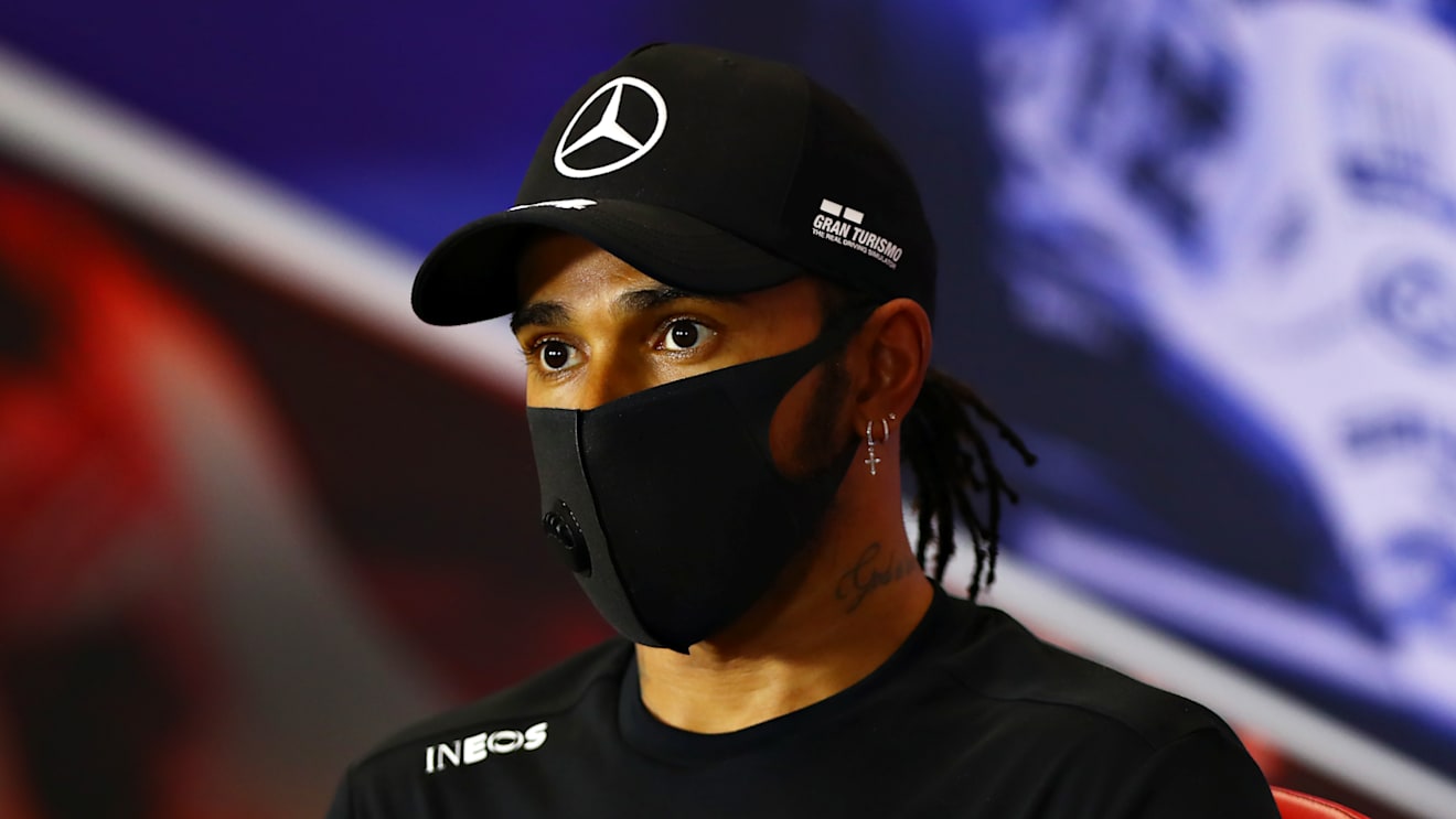 NORTHAMPTON, ENGLAND - AUGUST 08: Second placed qualifier Lewis Hamilton of Great Britain and Mercedes GP talks in a press conference after qualifying for the F1 70th Anniversary Grand Prix at Silverstone on August 08, 2020 in Northampton, England. (Photo by Dan Istitene - Formula 1/Formula 1 via Getty Images)