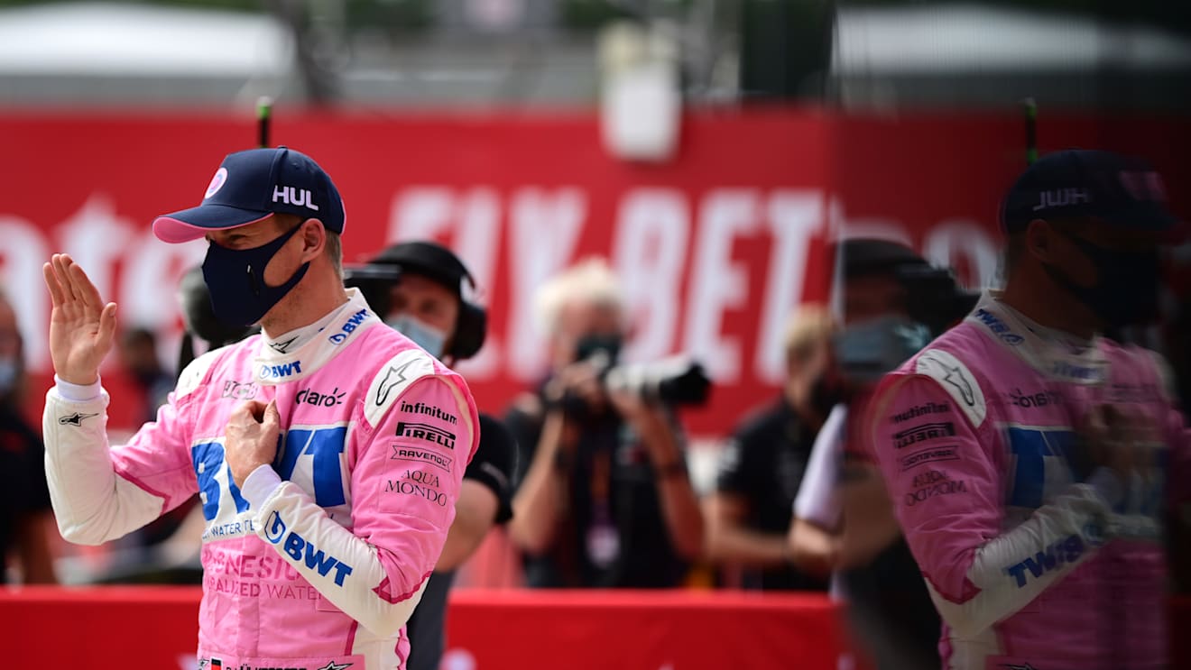 NORTHAMPTON, ENGLAND - AUGUST 08: Third placed qualifier Nico Hulkenberg of Germany and Racing Point celebrates in parc ferme during qualifying for the F1 70th Anniversary Grand Prix at Silverstone on August 08, 2020 in Northampton, England. (Photo by Mario Renzi - Formula 1/Formula 1 via Getty Images)