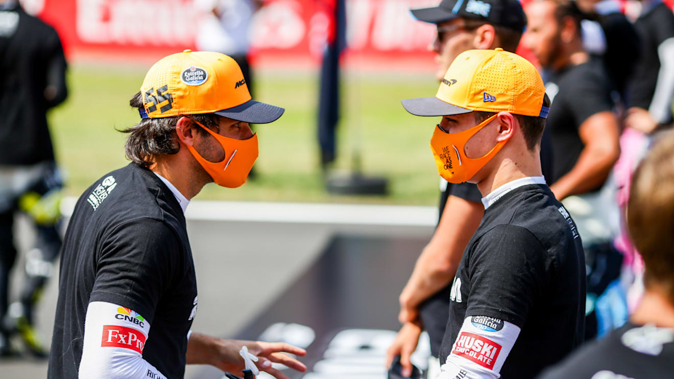 NORTHAMPTON, ENGLAND - AUGUST 09: Carlos Sainz of Scuderia Renault and Spain with Lando Norris of McLaren and Great Britain during the F1 70th Anniversary Grand Prix at Silverstone on August 09, 2020 in Northampton, England. (Photo by Peter Fox/Getty Images)