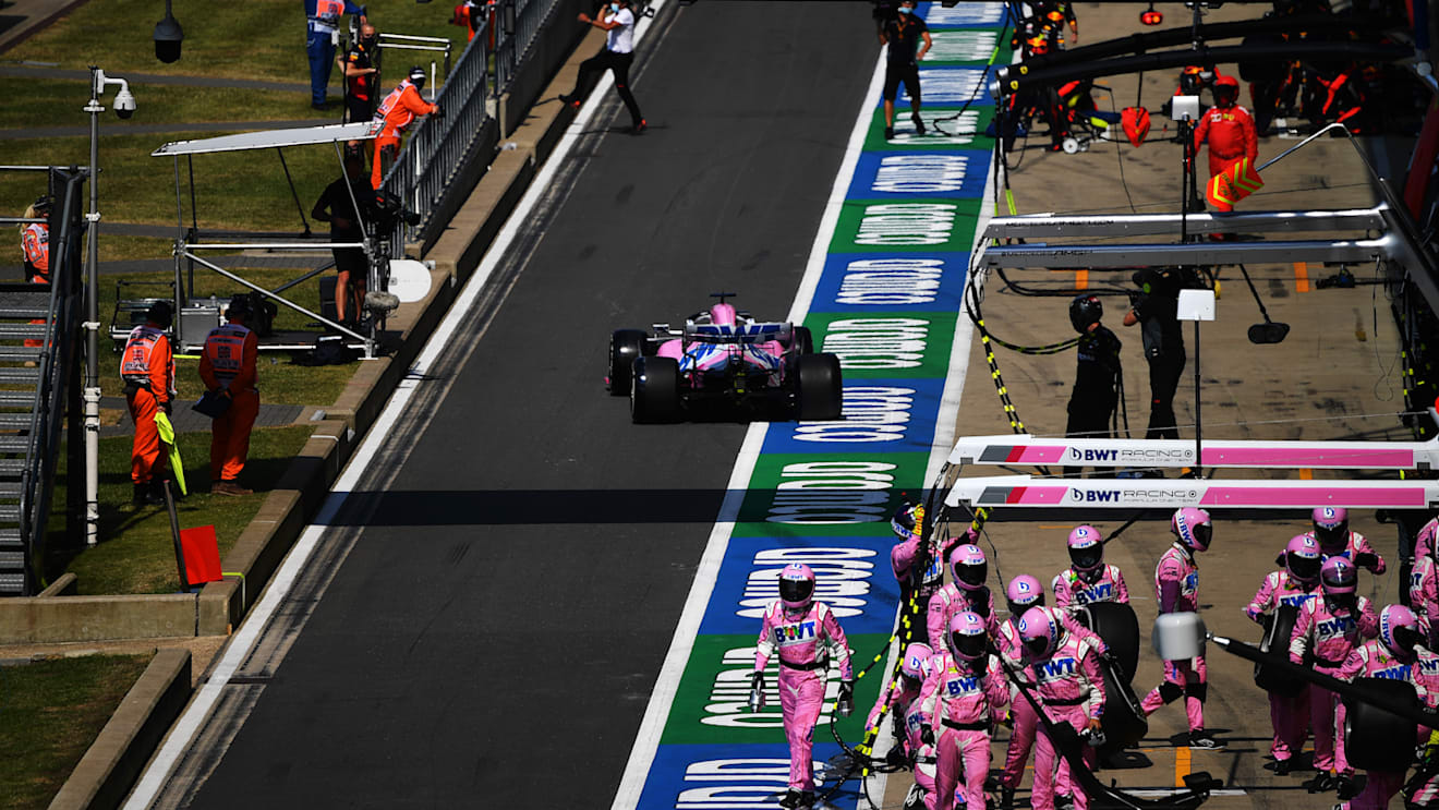 NORTHAMPTON, ENGLAND - AUGUST 09: Nico Hulkenberg of Germany driving the (27) Racing Point RP20 Mercedes makes a pitstop during the F1 70th Anniversary Grand Prix at Silverstone on August 09, 2020 in Northampton, England. (Photo by Ben Stansall/Pool via Getty Images)