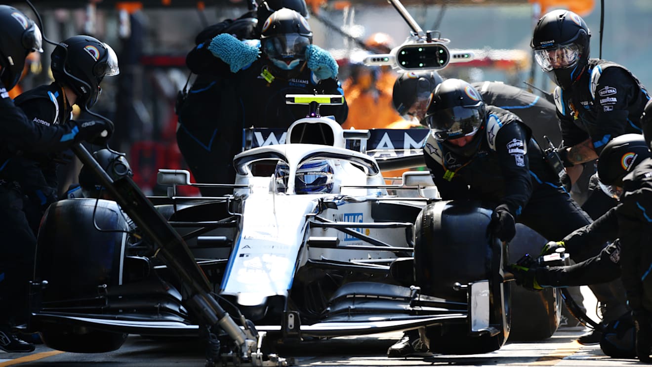 NORTHAMPTON, ENGLAND - AUGUST 09: Nicholas Latifi of Canada driving the (6) Williams Racing FW43 Mercedes makes a pitstop during the F1 70th Anniversary Grand Prix at Silverstone on August 09, 2020 in Northampton, England. (Photo by Peter Fox/Getty Images)