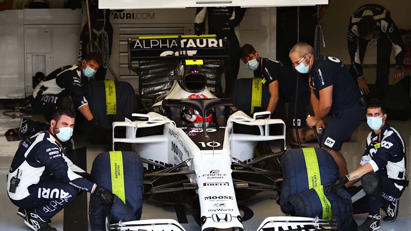 NORTHAMPTON, ENGLAND - AUGUST 09: Pierre Gasly of France driving the (10) Scuderia AlphaTauri AT01 Honda prepares to drive in the garage before the F1 70th Anniversary Grand Prix at Silverstone on August 09, 2020 in Northampton, England. (Photo by Peter Fox/Getty Images)