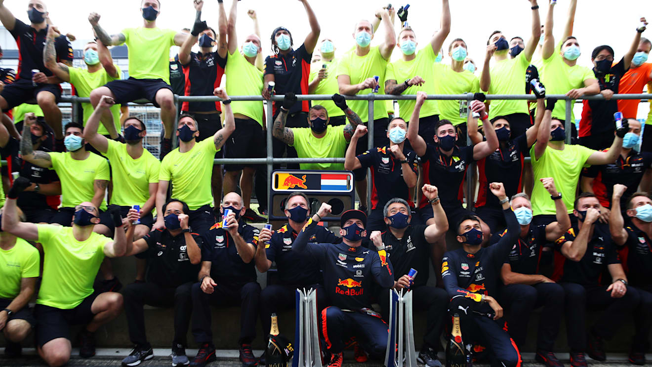 NORTHAMPTON, ENGLAND - AUGUST 09: Race winner Max Verstappen of Netherlands and Red Bull Racing celebrates with his team after the F1 70th Anniversary Grand Prix at Silverstone on August 09, 2020 in Northampton, England. (Photo by Mark Thompson/Getty Images)
