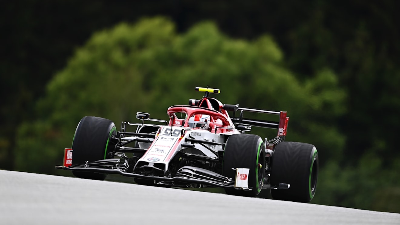 SPIELBERG, AUSTRIA - JULY 03: Antonio Giovinazzi of Italy driving the (99) Alfa Romeo Racing C39 Ferrari on track during practice for the F1 Grand Prix of Austria at Red Bull Ring on July 03, 2020 in Spielberg, Austria. (Photo by Clive Mason - Formula 1/Formula 1 via Getty Images)