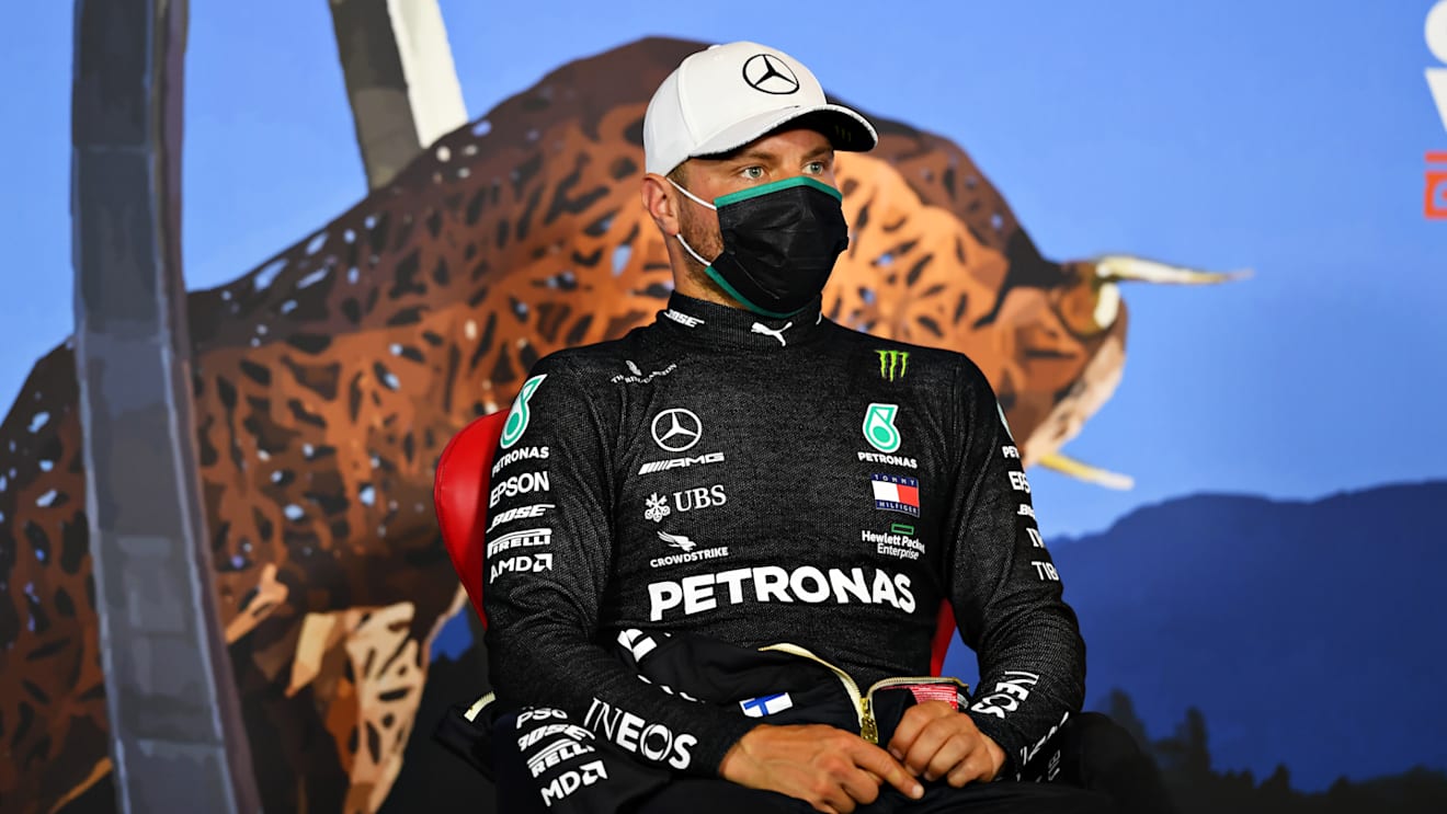 SPIELBERG, AUSTRIA - JULY 04: Pole position qualifier Valtteri Bottas of Finland and Mercedes GP talks in a press conference after qualifying for the Formula One Grand Prix of Austria at Red Bull Ring on July 04, 2020 in Spielberg, Austria. (Photo by Mario Renzi - Formula 1/Formula 1 via Getty Images)