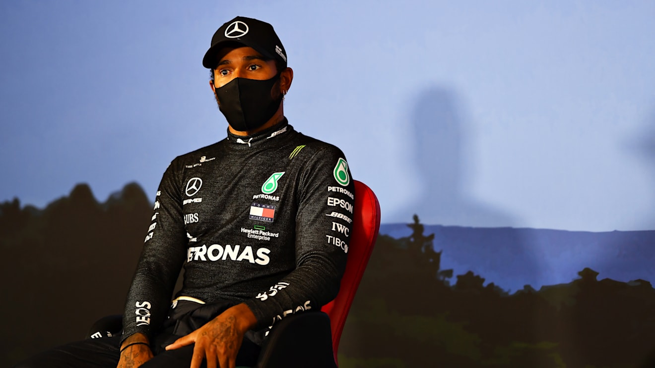 SPIELBERG, AUSTRIA - JULY 04: Second placed qualifier Lewis Hamilton of Great Britain and Mercedes GP talks in a press conference after qualifying for the Formula One Grand Prix of Austria at Red Bull Ring on July 04, 2020 in Spielberg, Austria. (Photo by Mario Renzi - Formula 1/Formula 1 via Getty Images)