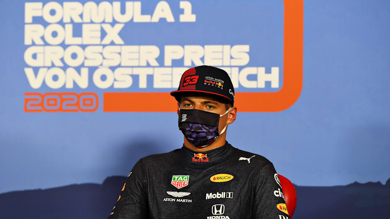 SPIELBERG, AUSTRIA - JULY 04: Third placed qualifier Max Verstappen of Netherlands and Red Bull Racing talks in a press conference after qualifying for the Formula One Grand Prix of Austria at Red Bull Ring on July 04, 2020 in Spielberg, Austria. (Photo by Mario Renzi - Formula 1/Formula 1 via Getty Images)