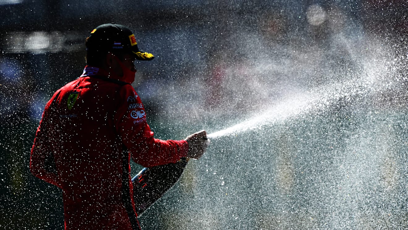 SPIELBERG, AUSTRIA - JULY 05: Second place Charles Leclerc of Monaco and Ferrari celebrates on the podium during the Formula One Grand Prix of Austria at Red Bull Ring on July 05, 2020 in Spielberg, Austria. (Photo by Mario Renzi - Formula 1/Formula 1 via Getty Images)