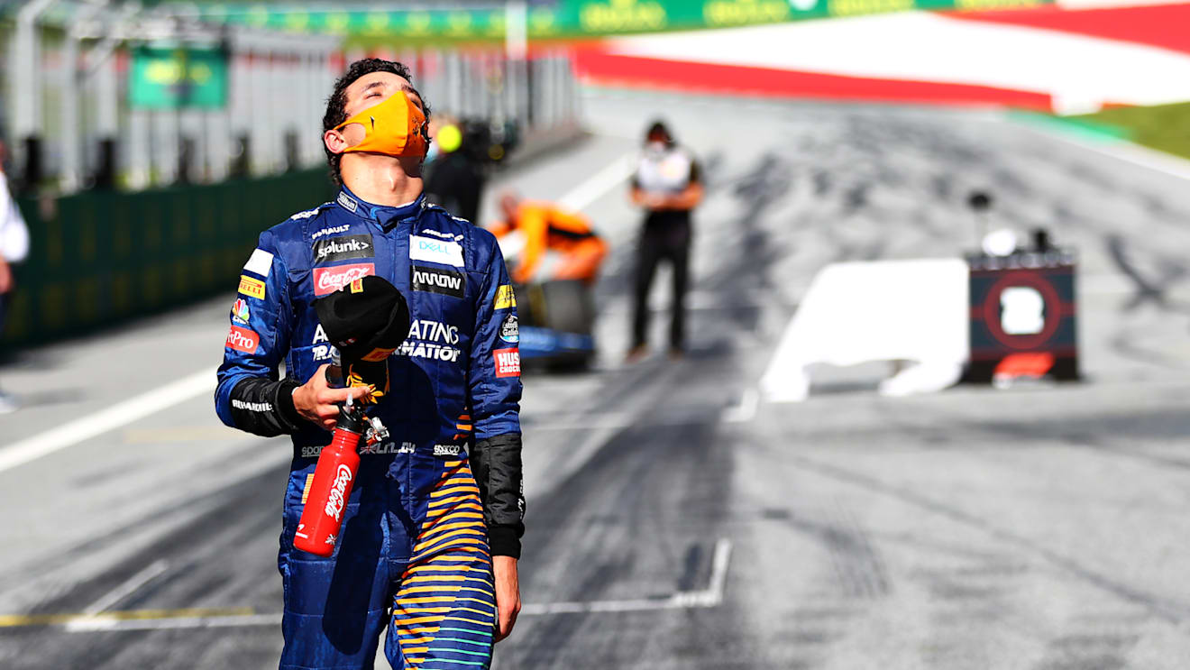 SPIELBERG, AUSTRIA - JULY 05: Third placed Lando Norris of Great Britain and McLaren F1 reacts during the Formula One Grand Prix of Austria at Red Bull Ring on July 05, 2020 in Spielberg, Austria. (Photo by Dan Istitene - Formula 1/Formula 1 via Getty Images)