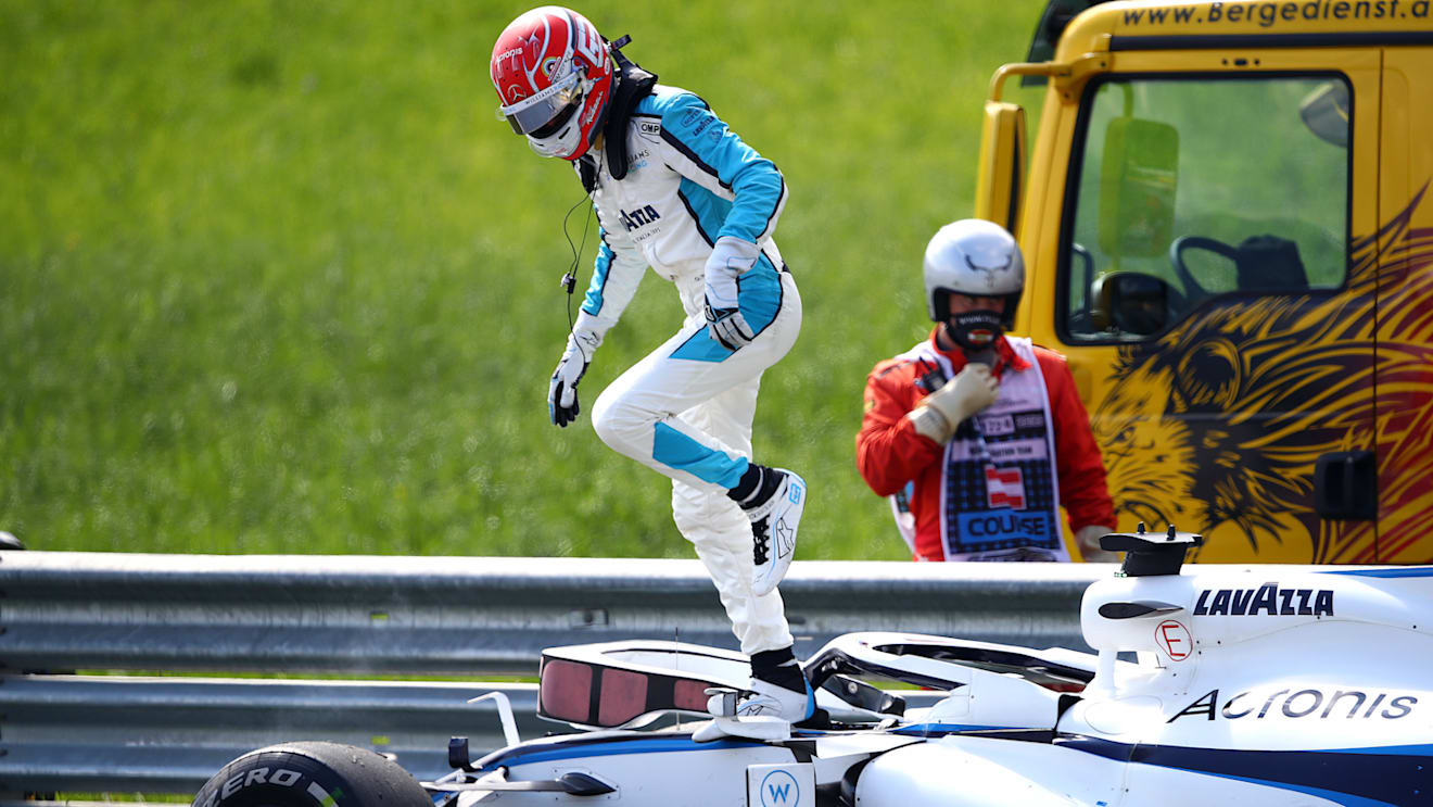 SPIELBERG, AUSTRIA - JULY 05: George Russell of Great Britain driving the (63) Williams Racing FW43 Mercedes retires from the race during the Formula One Grand Prix of Austria at Red Bull Ring on July 05, 2020 in Spielberg, Austria. (Photo by Bryn Lennon/Getty Images)