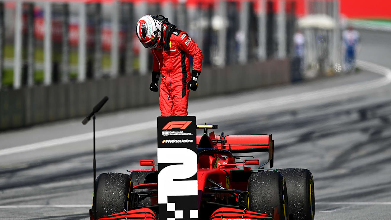 SPIELBERG, AUSTRIA - JULY 05: Second placed Charles Leclerc of Monaco and Ferrari gets out of his car during the Formula One Grand Prix of Austria at Red Bull Ring on July 05, 2020 in Spielberg, Austria. (Photo by Clive Mason - Formula 1/Formula 1 via Getty Images)