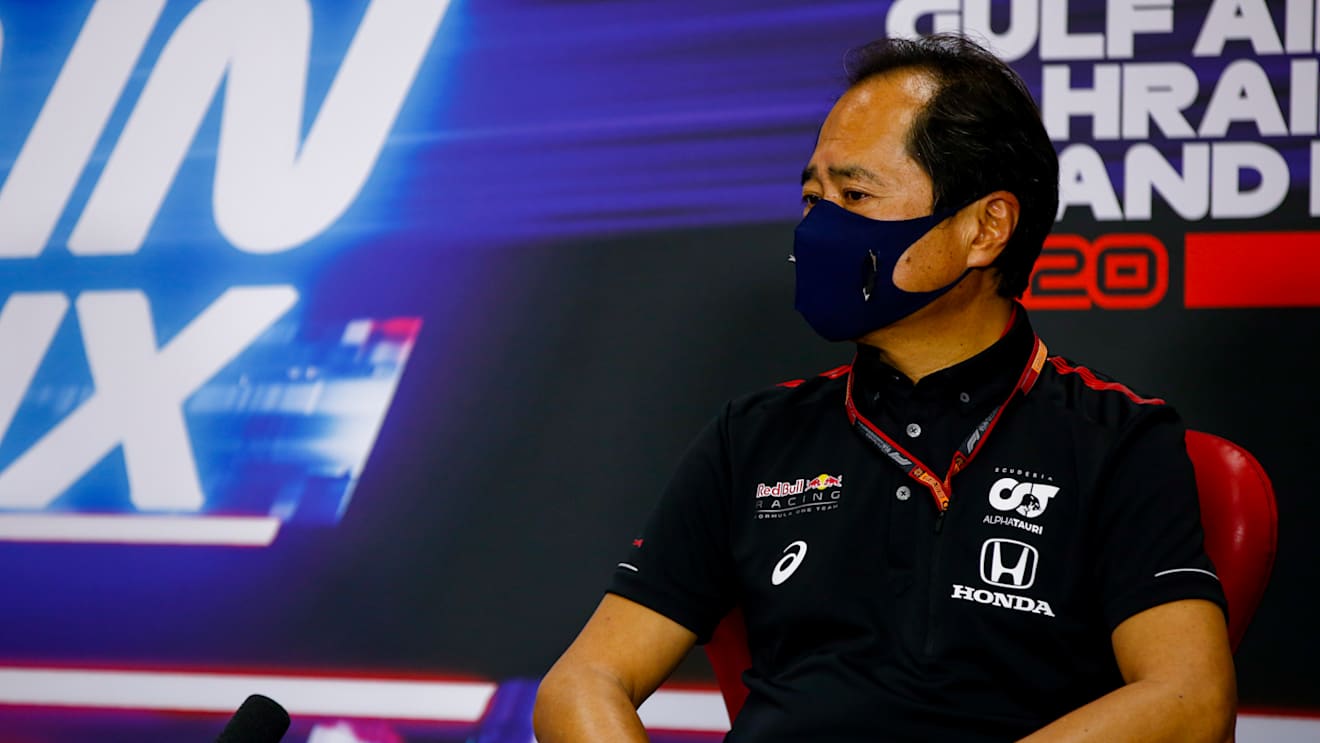 BAHRAIN, BAHRAIN - NOVEMBER 27: Toyoharu Tanabe of Honda talks in the Team Principals Press Conference during practice ahead of the F1 Grand Prix of Bahrain at Bahrain International Circuit on November 27, 2020 in Bahrain, Bahrain. (Photo by Andy Hone - Pool/Getty Images)