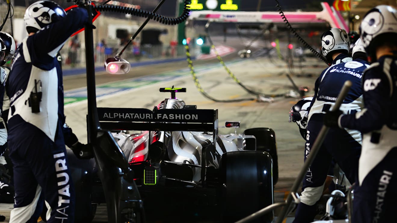BAHRAIN, BAHRAIN - NOVEMBER 29: Pierre Gasly of France driving the (10) Scuderia AlphaTauri AT01 Honda makes a pitstop during the F1 Grand Prix of Bahrain at Bahrain International Circuit on November 29, 2020 in Bahrain, Bahrain. (Photo by Peter Fox/Getty Images)