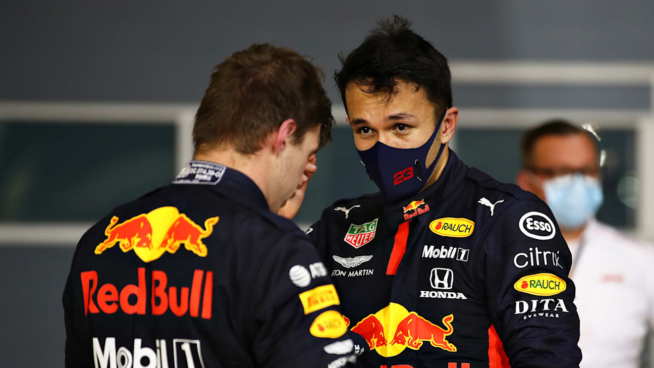 BAHRAIN, BAHRAIN - NOVEMBER 29: Second placed Max Verstappen of Netherlands and Red Bull Racing and third placed Alexander Albon of Thailand and Red Bull Racing celebrate in parc ferme during the F1 Grand Prix of Bahrain at Bahrain International Circuit on November 29, 2020 in Bahrain, Bahrain. (Photo by Mark Thompson/Getty Images)