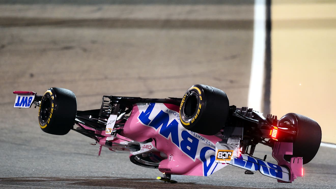 BAHRAIN, BAHRAIN - NOVEMBER 29: Lance Stroll of Canada driving the (18) Racing Point RP20 Mercedes is launched upside down following a crash during the F1 Grand Prix of Bahrain at Bahrain International Circuit on November 29, 2020 in Bahrain, Bahrain. (Photo by Clive Mason - Formula 1/Formula 1 via Getty Images)