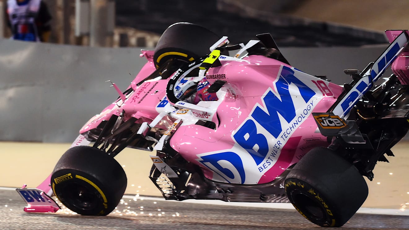 BAHRAIN, BAHRAIN - NOVEMBER 29: Lance Stroll of Canada driving the (18) Racing Point RP20 Mercedes is launched upside down following a crash during the F1 Grand Prix of Bahrain at Bahrain International Circuit on November 29, 2020 in Bahrain, Bahrain. (Photo by Clive Mason - Formula 1/Formula 1 via Getty Images)