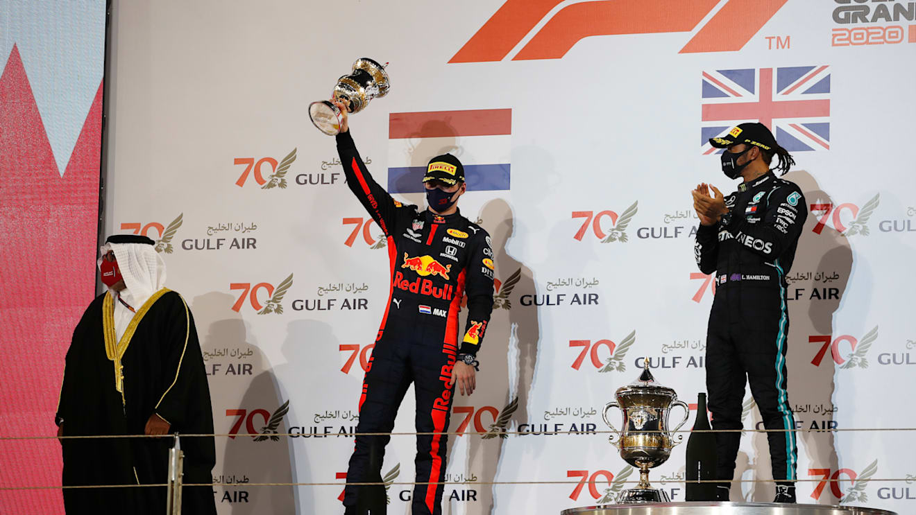 BAHRAIN, BAHRAIN - NOVEMBER 29: Second placed Max Verstappen of Netherlands and Red Bull Racing celebrates on the podium during the F1 Grand Prix of Bahrain at Bahrain International Circuit on November 29, 2020 in Bahrain, Bahrain. (Photo by Hamad Mohammed - Pool/Getty Images)