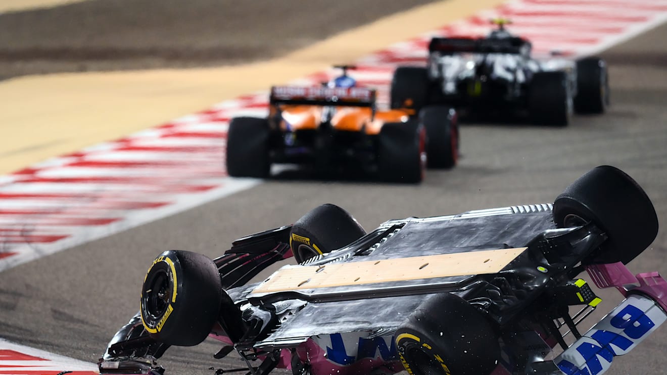 BAHRAIN, BAHRAIN - NOVEMBER 29: Lance Stroll of Canada driving the (18) Racing Point RP20 Mercedes is launched upside down following a crash during the F1 Grand Prix of Bahrain at Bahrain International Circuit on November 29, 2020 in Bahrain, Bahrain. (Photo by Clive Mason - Formula 1/Formula 1 via Getty Images)