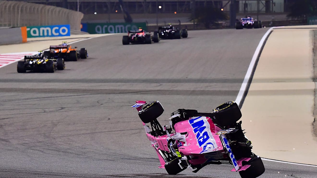 BAHRAIN, BAHRAIN - NOVEMBER 29: Lance Stroll of Canada driving the (18) Racing Point RP20 Mercedes is launched upside down following a crash during the F1 Grand Prix of Bahrain at Bahrain International Circuit on November 29, 2020 in Bahrain, Bahrain. (Photo by Giuseppe Cacace - Pool/Getty Images)