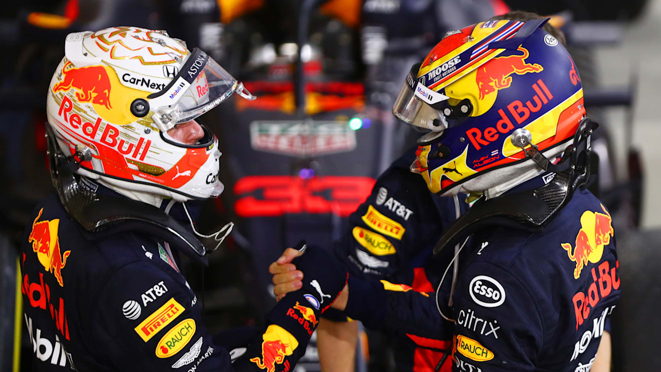 BAHRAIN, BAHRAIN - NOVEMBER 29: Second placed Max Verstappen of Netherlands and Red Bull Racing and third placed Alexander Albon of Thailand and Red Bull Racing celebrate in parc ferme during the F1 Grand Prix of Bahrain at Bahrain International Circuit on November 29, 2020 in Bahrain, Bahrain. (Photo by Dan Istitene - Formula 1/Formula 1 via Getty Images)