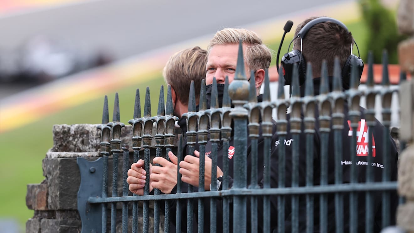 SPA, BELGIUM - AUGUST 28: Kevin Magnussen of Denmark and Haas F1 watches the action from the side of the track during practice for the F1 Grand Prix of Belgium at Circuit de Spa-Francorchamps on August 28, 2020 in Spa, Belgium. (Photo by Lars Baron/Getty Images)