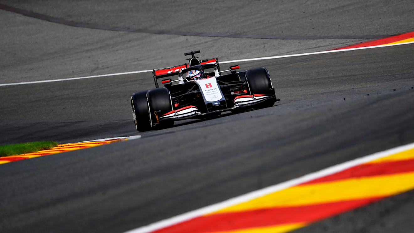 SPA, BELGIUM - AUGUST 28: Romain Grosjean of France driving the (8) Haas F1 Team VF-20 Ferrari on track during practice for the F1 Grand Prix of Belgium at Circuit de Spa-Francorchamps on August 28, 2020 in Spa, Belgium. (Photo by John Thuys/Pool via Getty Images)