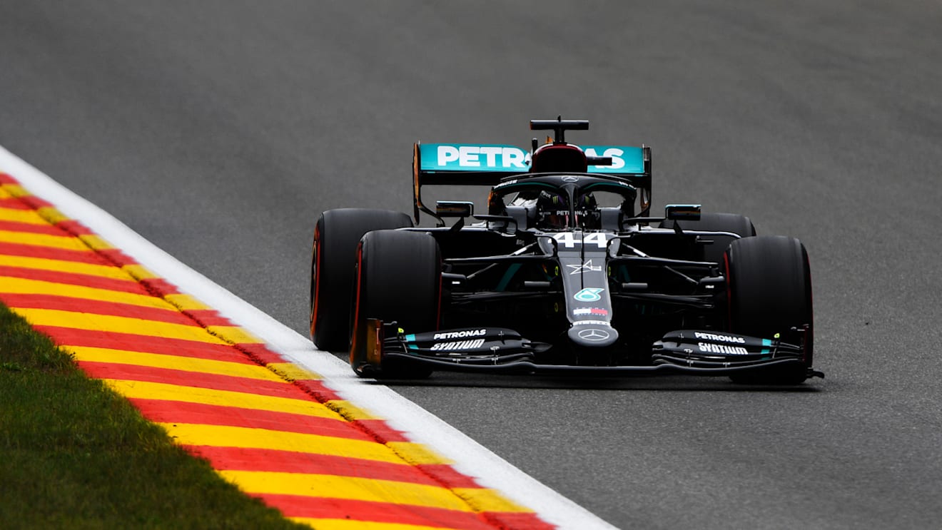 SPA, BELGIUM - AUGUST 28: Lewis Hamilton of Great Britain driving the (44) Mercedes AMG Petronas F1 Team Mercedes W11 drives during practice for the F1 Grand Prix of Belgium at Circuit de Spa-Francorchamps on August 28, 2020 in Spa, Belgium. (Photo by Rudy Carezzevoli/Getty Images)