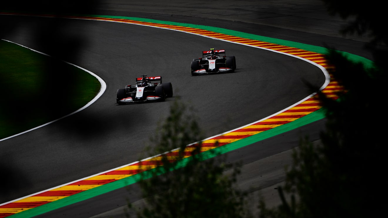 SPA, BELGIUM - AUGUST 29: Romain Grosjean of France driving the (8) Haas F1 Team VF-20 Ferrari leads Kevin Magnussen of Denmark driving the (20) Haas F1 Team VF-20 Ferrari during final practice for the F1 Grand Prix of Belgium at Circuit de Spa-Francorchamps on August 29, 2020 in Spa, Belgium. (Photo by John Thuys/Pool via Getty Images)