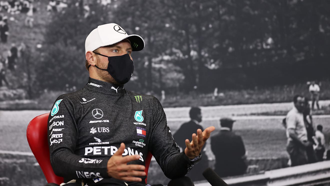 SPA, BELGIUM - AUGUST 30: Second placed Valtteri Bottas of Finland and Mercedes GP talks in the Drivers Press Conference during the F1 Grand Prix of Belgium at Circuit de Spa-Francorchamps on August 30, 2020 in Spa, Belgium. (Photo by Lars Baron/Getty Images)