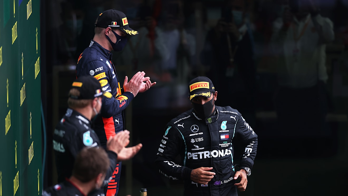 SPA, BELGIUM - AUGUST 30: Race winner Lewis Hamilton of Great Britain and Mercedes GP walks to the podium during the F1 Grand Prix of Belgium at Circuit de Spa-Francorchamps on August 30, 2020 in Spa, Belgium. (Photo by Lars Baron/Getty Images)