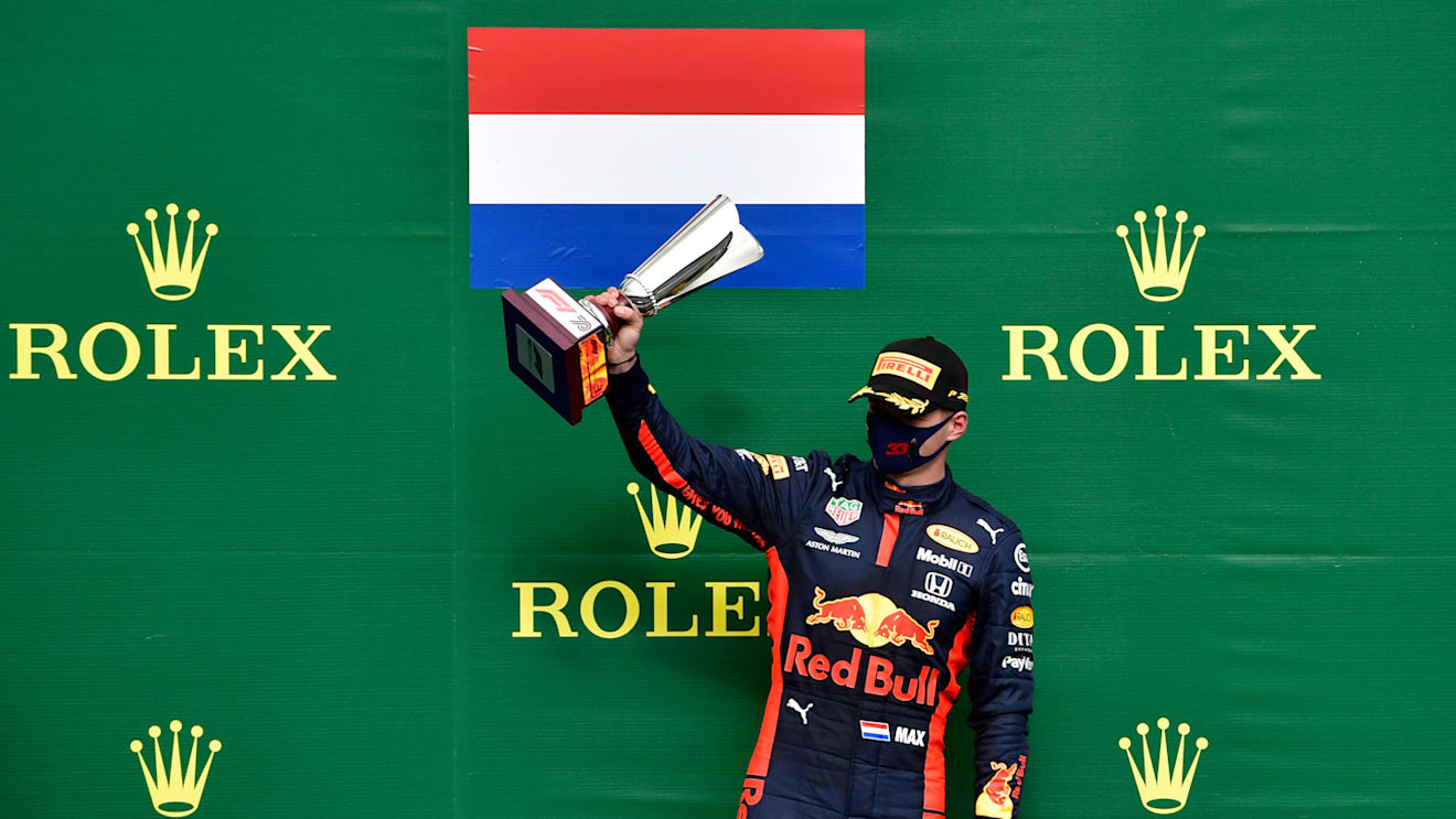 SPA, BELGIUM - AUGUST 30: Third placed Max Verstappen of Netherlands and Red Bull Racing celebrates on the podium during the F1 Grand Prix of Belgium at Circuit de Spa-Francorchamps on August 30, 2020 in Spa, Belgium. (Photo by John Thuys/Pool via Getty Images)