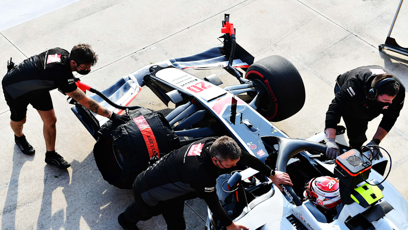IMOLA, ITALY - OCTOBER 31: Kevin Magnussen of Denmark driving the (20) Haas F1 Team VF-20 Ferrari stops in the Pitlane during qualifying ahead of the F1 Grand Prix of Emilia Romagna at Autodromo Enzo e Dino Ferrari on October 31, 2020 in Imola, Italy. (Photo by Jennifer Lorenzini - Pool/Getty Images)