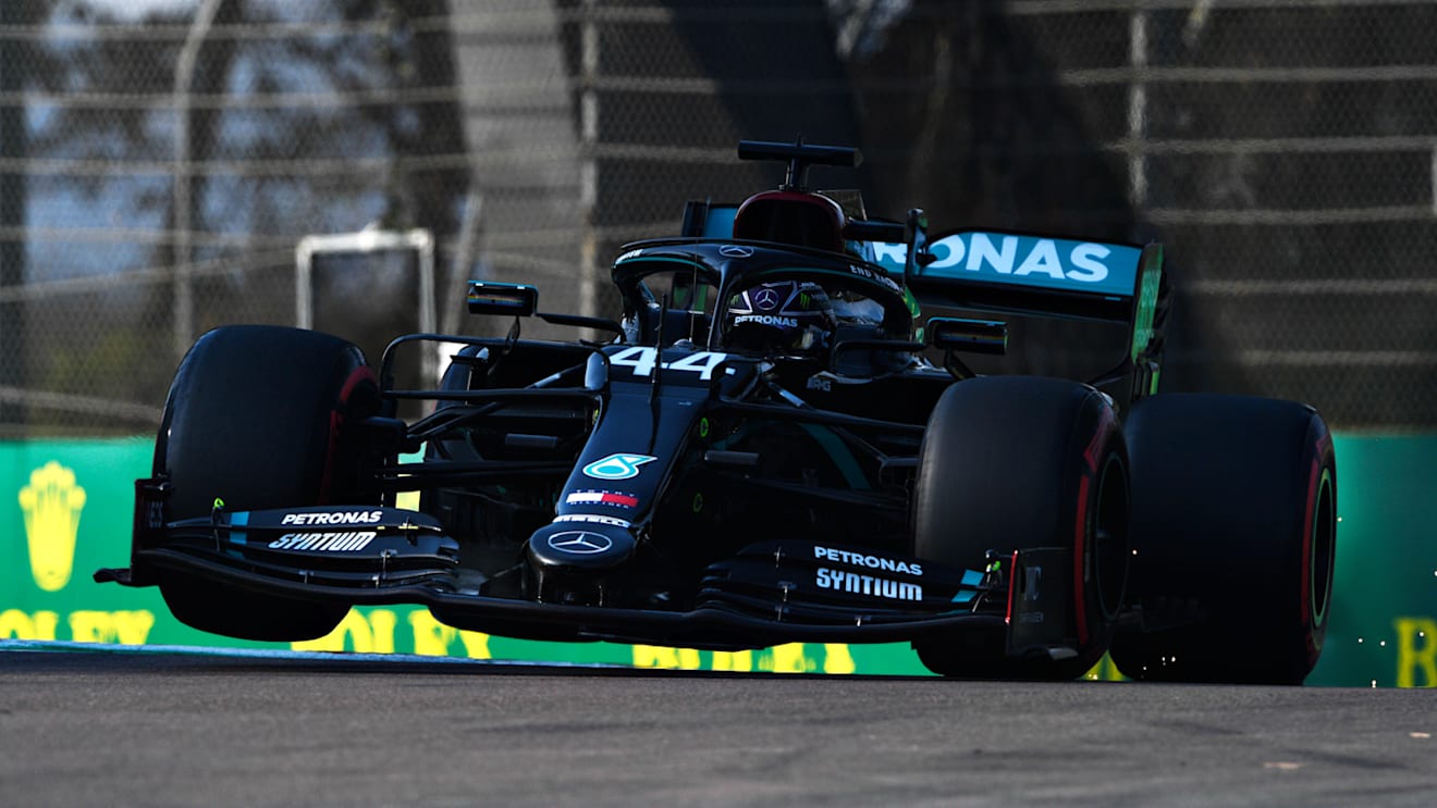 IMOLA, ITALY - OCTOBER 31: Lewis Hamilton of Great Britain driving the (44) Mercedes AMG Petronas F1 Team Mercedes W11 runs wide and lifts a wheel off the track during qualifying ahead of the F1 Grand Prix of Emilia Romagna at Autodromo Enzo e Dino Ferrari on October 31, 2020 in Imola, Italy. (Photo by Rudy Carezzevoli/Getty Images)