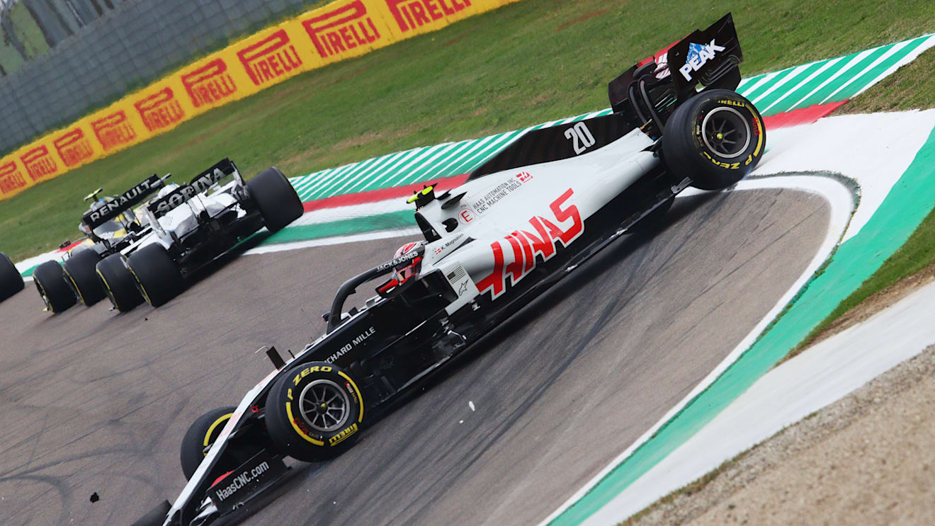 IMOLA, ITALY - NOVEMBER 01: Kevin Magnussen of Denmark driving the (20) Haas F1 Team VF-20 Ferrari spins off during the F1 Grand Prix of Emilia Romagna at Autodromo Enzo e Dino Ferrari on November 01, 2020 in Imola, Italy. (Photo by Davide Gennari - Pool/Getty Images)