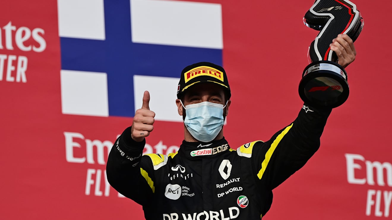 IMOLA, ITALY - NOVEMBER 01: Third placed Daniel Ricciardo of Australia and Renault Sport F1 celebrates on the podium during the F1 Grand Prix of Emilia Romagna at Autodromo Enzo e Dino Ferrari on November 01, 2020 in Imola, Italy. (Photo by Miguel Medina - Pool/Getty Images)