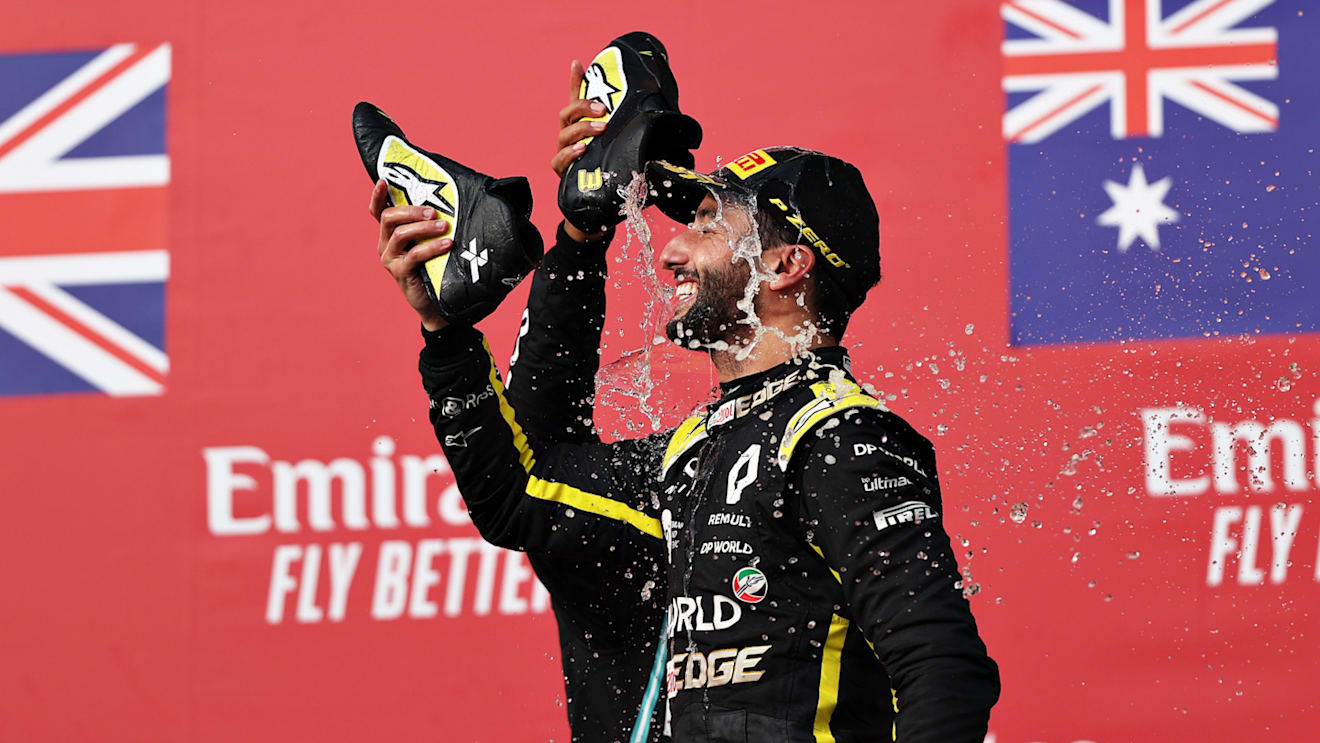 IMOLA, ITALY - NOVEMBER 01: Race winner Lewis Hamilton of Great Britain and Mercedes GP and third placed Daniel Ricciardo of Australia and Renault Sport F1 celebrate on the podium during the F1 Grand Prix of Emilia Romagna at Autodromo Enzo e Dino Ferrari on November 01, 2020 in Imola, Italy. (Photo by Lars Baron - Formula 1/Formula 1 via Getty Images)