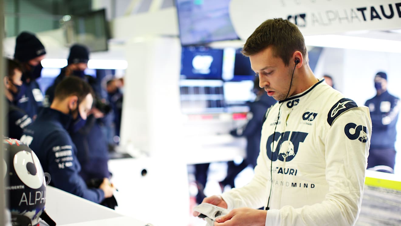 NUERBURG, GERMANY - OCTOBER 09: Daniil Kvyat of Russia and Scuderia AlphaTauri prepares to drive in the garage during practice ahead of the F1 Eifel Grand Prix at Nuerburgring on October 09, 2020 in Nuerburg, Germany. (Photo by Peter Fox/Getty Images)