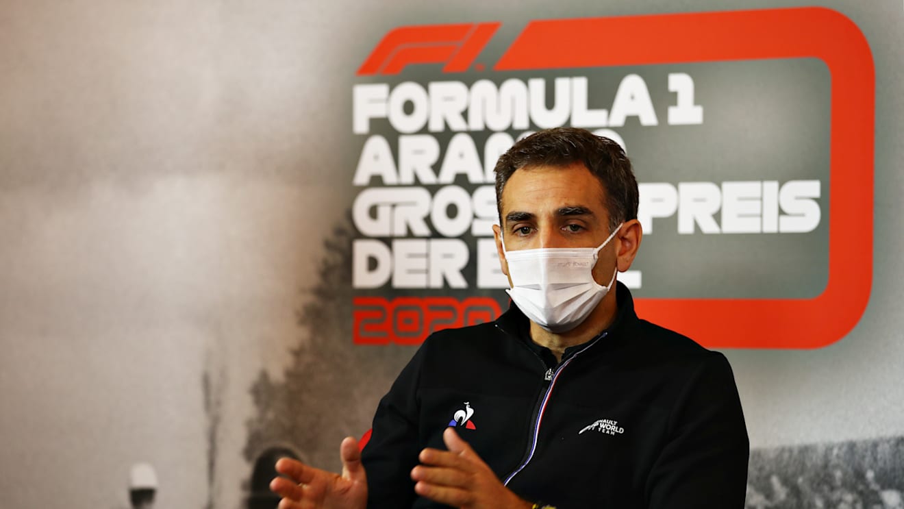 NUERBURG, GERMANY - OCTOBER 09: Renault Sport F1 Managing Director Cyril Abiteboul talks in the Team Principals Press Conference during practice ahead of the F1 Eifel Grand Prix at Nuerburgring on October 09, 2020 in Nuerburg, Germany. (Photo by Joe Portlock/Getty Images)