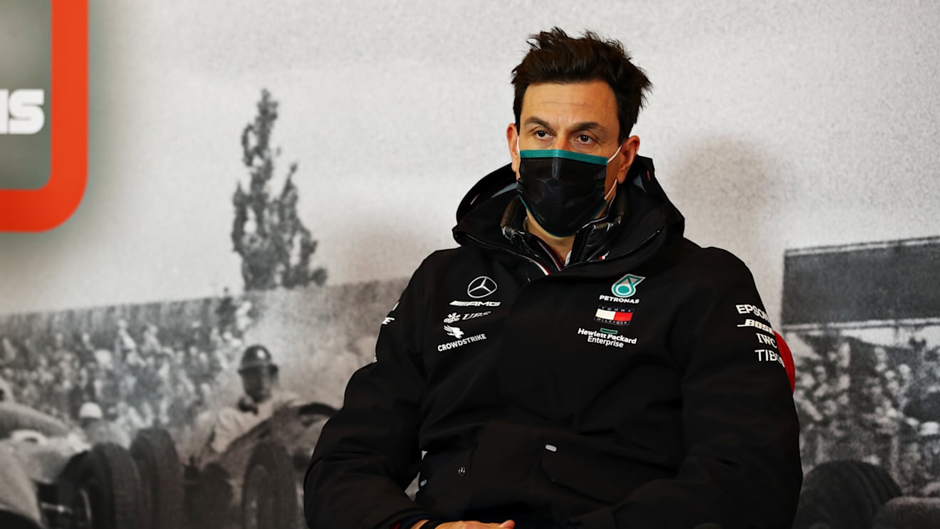 NUERBURG, GERMANY - OCTOBER 09: Mercedes GP Executive Director Toto Wolff talks in the Team Principals Press Conference during practice ahead of the F1 Eifel Grand Prix at Nuerburgring on October 09, 2020 in Nuerburg, Germany. (Photo by Joe Portlock/Getty Images)