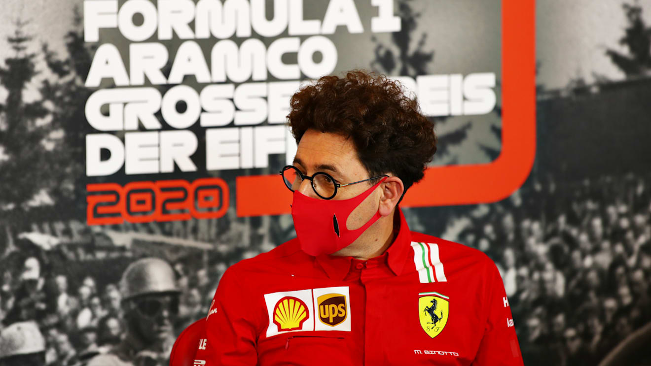 NUERBURG, GERMANY - OCTOBER 09: Scuderia Ferrari Team Principal Mattia Binotto talks in the Team Principals Press Conference during practice ahead of the F1 Eifel Grand Prix at Nuerburgring on October 09, 2020 in Nuerburg, Germany. (Photo by Joe Portlock/Getty Images)