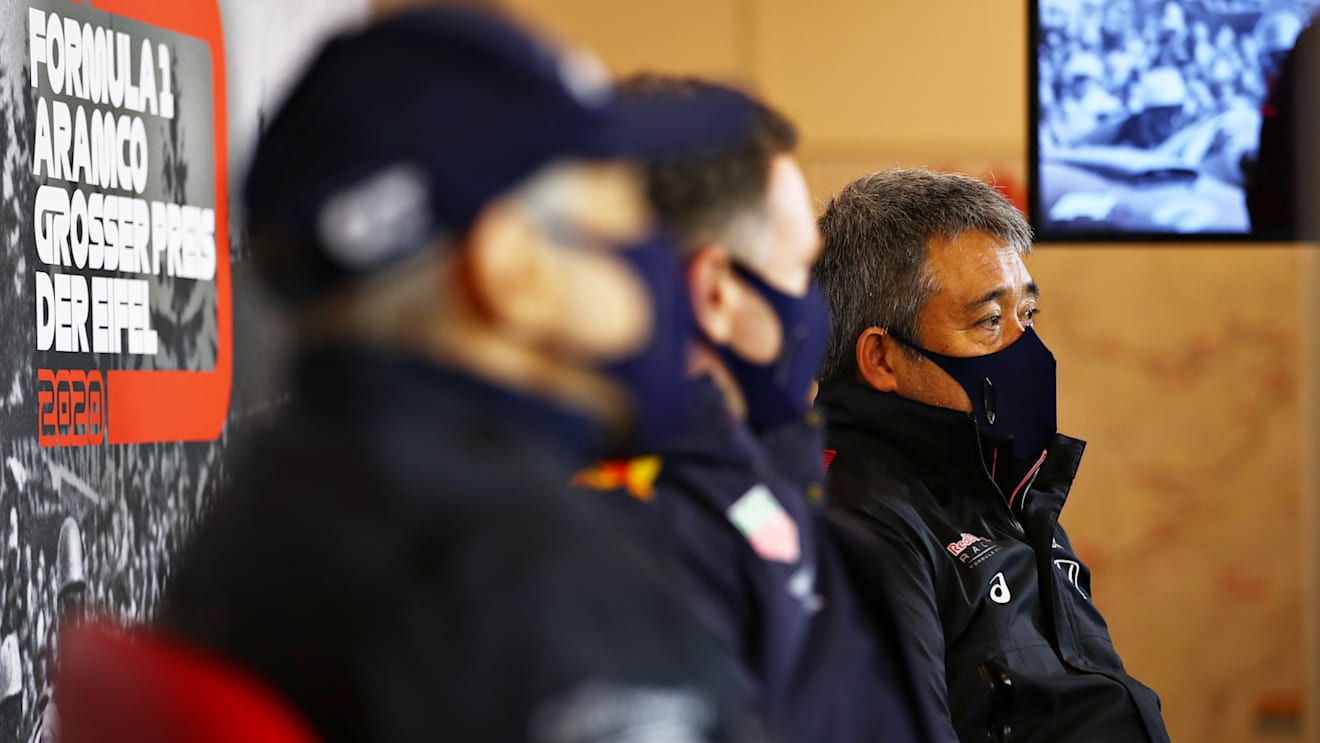 NUERBURG, GERMANY - OCTOBER 09: Masashi Yamamoto of Honda talks in the Team Principals Press Conference during practice ahead of the F1 Eifel Grand Prix at Nuerburgring on October 09, 2020 in Nuerburg, Germany. (Photo by Joe Portlock/Getty Images)