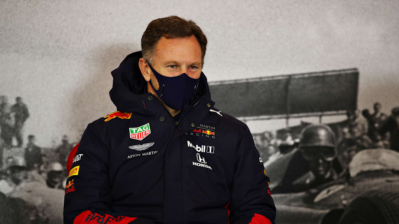 NUERBURG, GERMANY - OCTOBER 09: Red Bull Racing Team Principal Christian Horner talks in the Team Principals Press Conference during practice ahead of the F1 Eifel Grand Prix at Nuerburgring on October 09, 2020 in Nuerburg, Germany. (Photo by Joe Portlock/Getty Images)